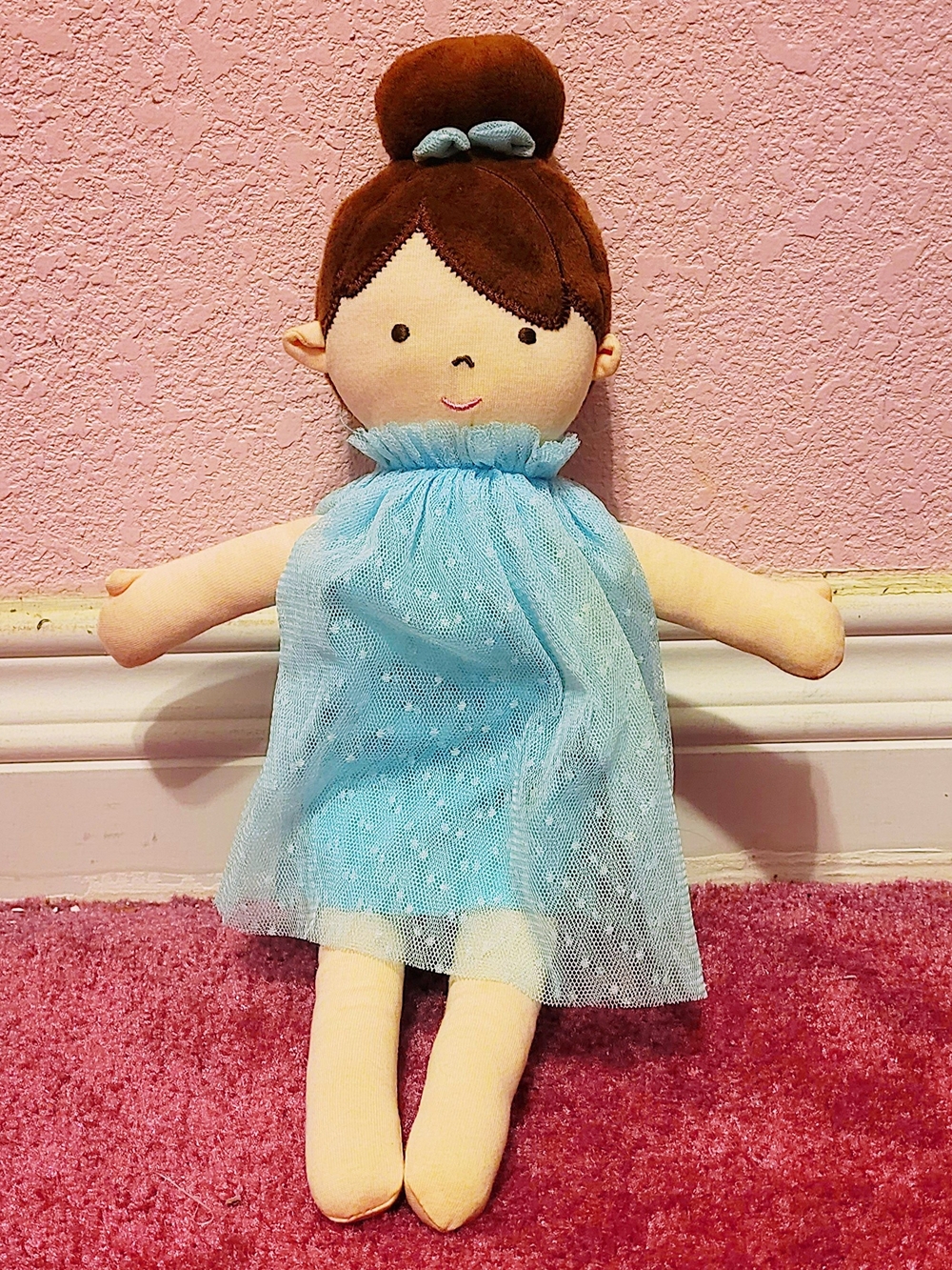 Plush Blue Tulle Dress Doll with Brown Hair Bun - Soft Cuddly Toy